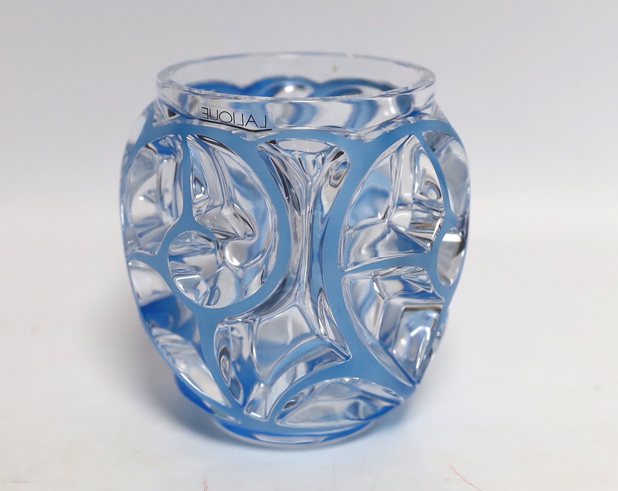 A modern Lalique Tourbillons blue overlaid glass vase with box, signed to the base, 13cm high